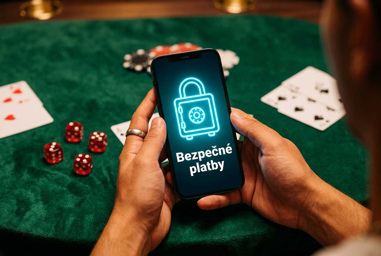 Detailní záběr ruky držící smartphone nad herním stolem se zobrazenou ikonou visacího zámku pro bezpečnost