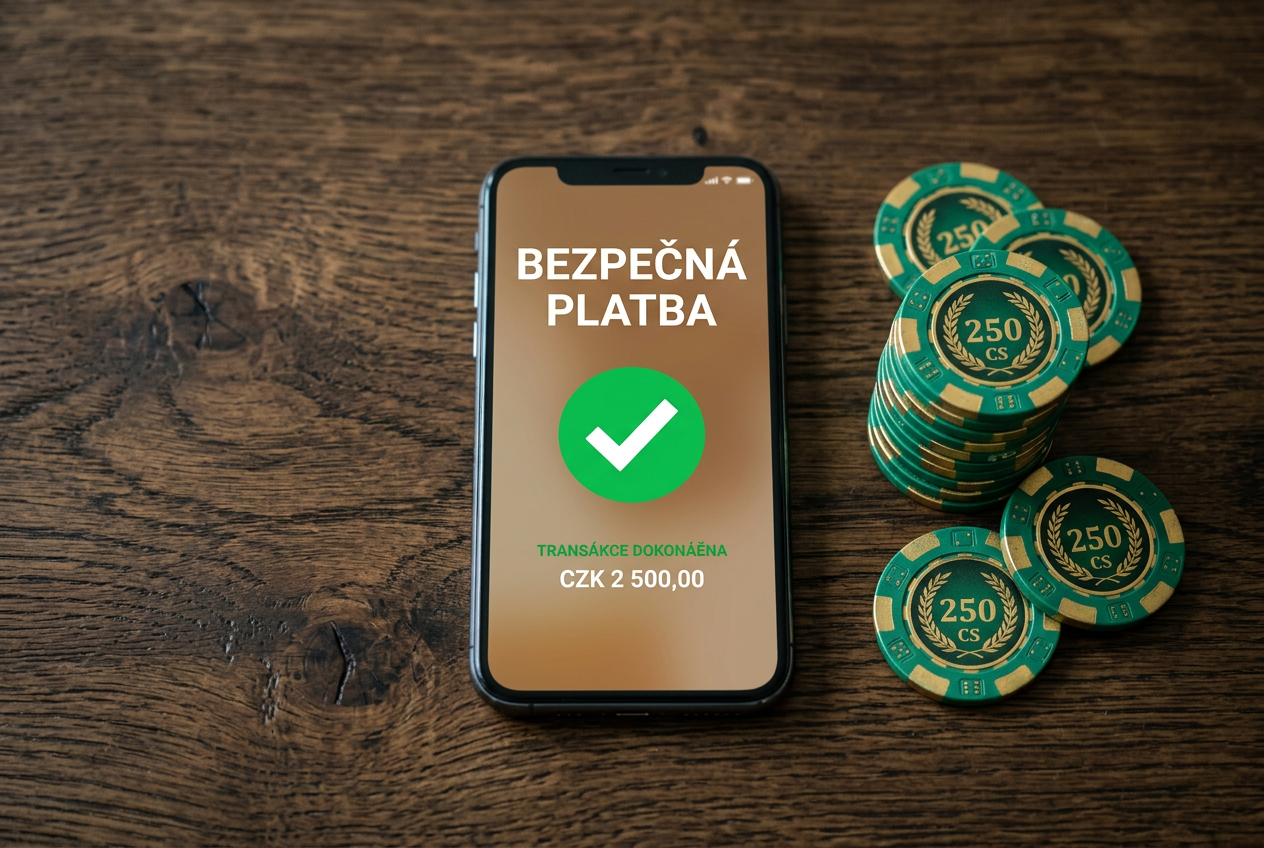 Detailní záběr na smartphone zobrazující bezpečnou platební bránu vedle herních žetonů
